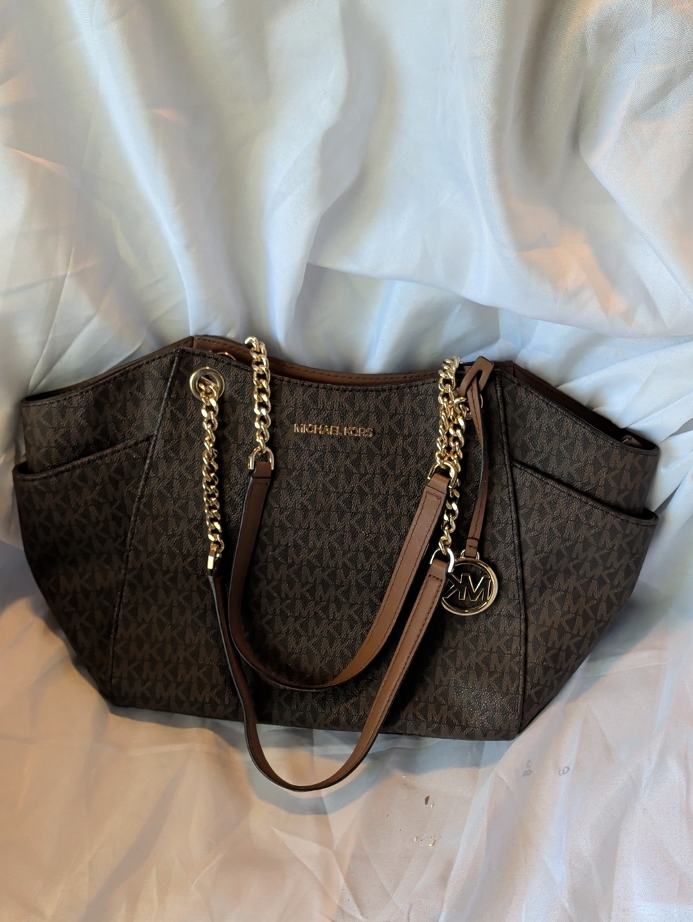 Michael Kors Brown Signature Chain-Accent Tote